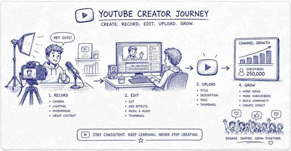 "YouTube content creator recording videos with studio setup and editing workflow"