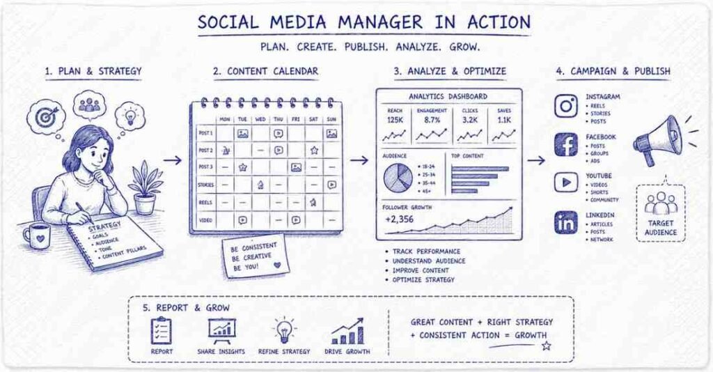 "Social media manager handling content planning analytics and digital campaigns"