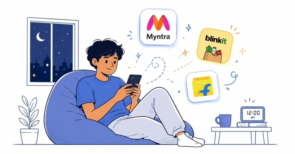 Indian shopper using e-commerce apps on smartphone at night | FLM | FrontlinesEduTech
