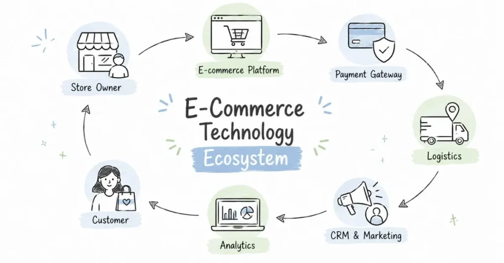 E-commerce technology ecosystem showing key systems involved in online business operations | FLM | FrontlinesEduTech