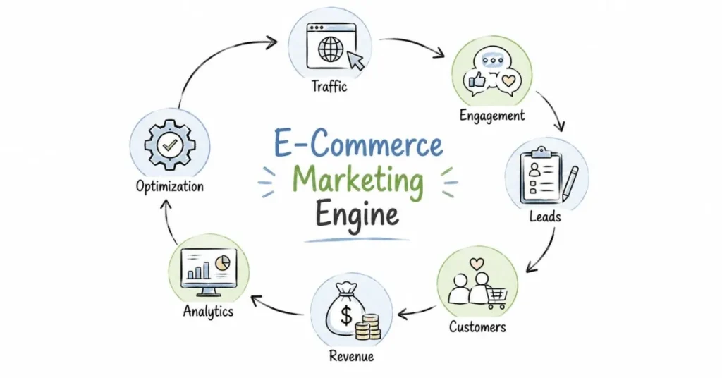 E-commerce marketing ecosystem showing customer acquisition and optimization cycle | FLM | FrontlinesEduTech