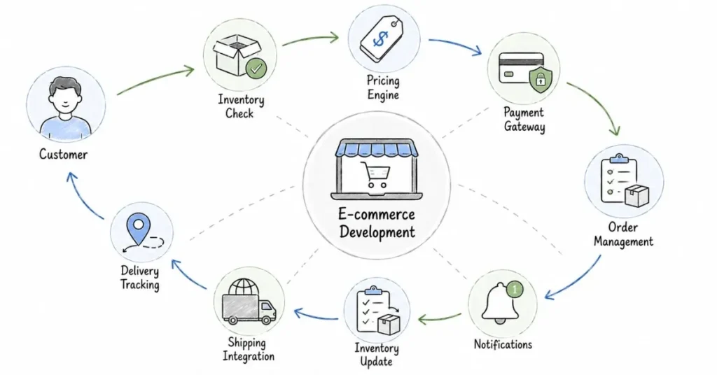 E-commerce development ecosystem showing complete online purchase workflow | FLM | FrontlinesEduTech