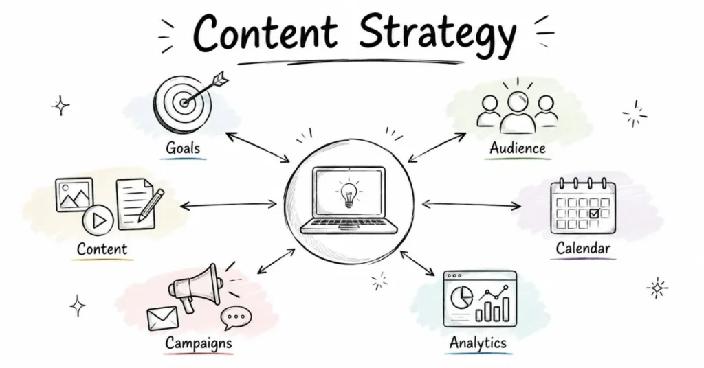 Social media content strategy framework connecting goals audience planning content and analytics