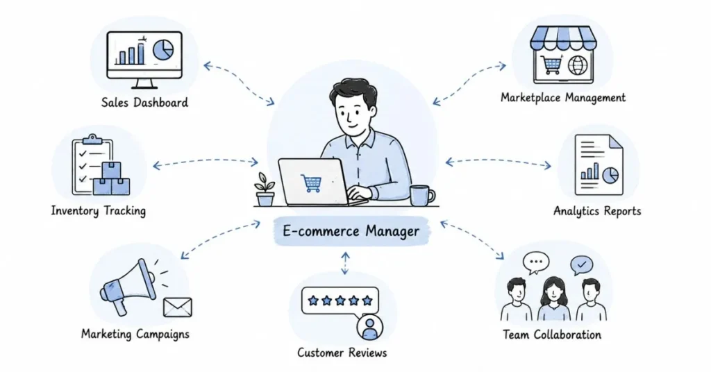 E-commerce manager workflow connecting sales dashboard, inventory tracking, marketing campaigns, analytics reports and team collaboration | FLM | FrontlinesEduTech