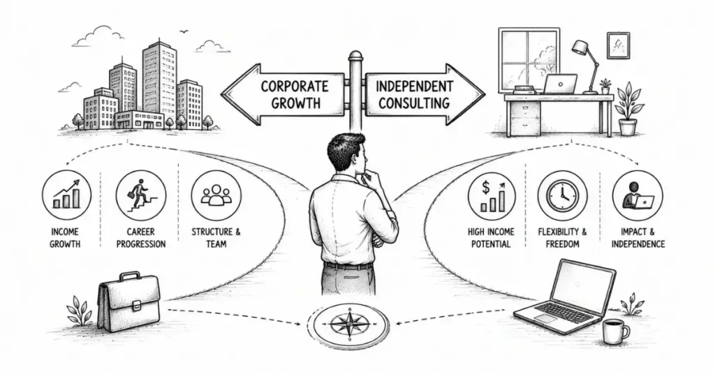Create a 1200x628 black-and-white Napkin-style illustration showing a supply chain professional choosing between corporate growth and independent consulting, with income, freedom, and career symbols. Keep it wide, clean, low-text, and suitable for a blog hero image | FLM | frontlines edutech