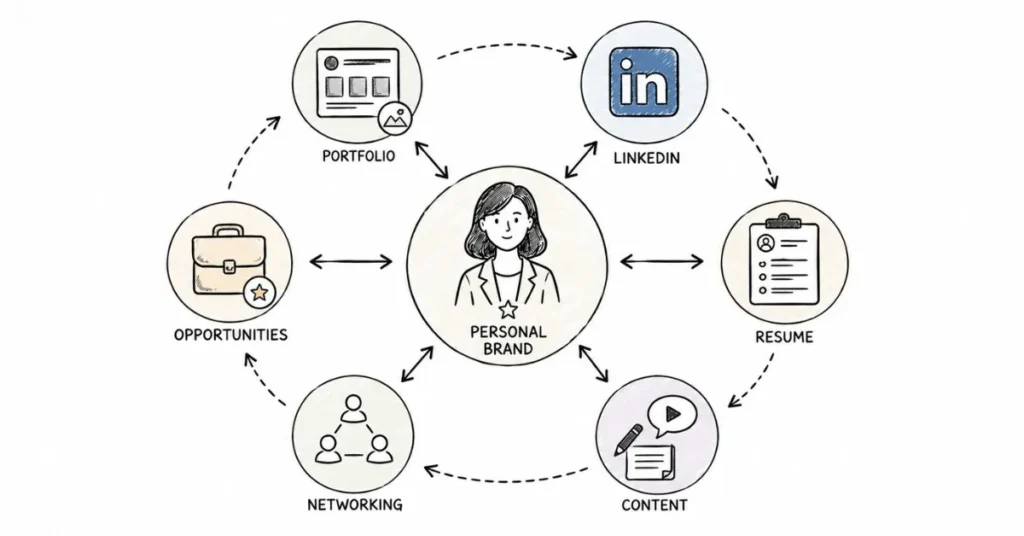 Social media personal branding ecosystem showing portfolio, networking and career growth.