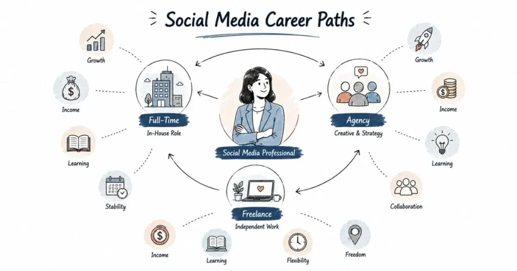 Social media career path options including freelance, agency and full-time work.
