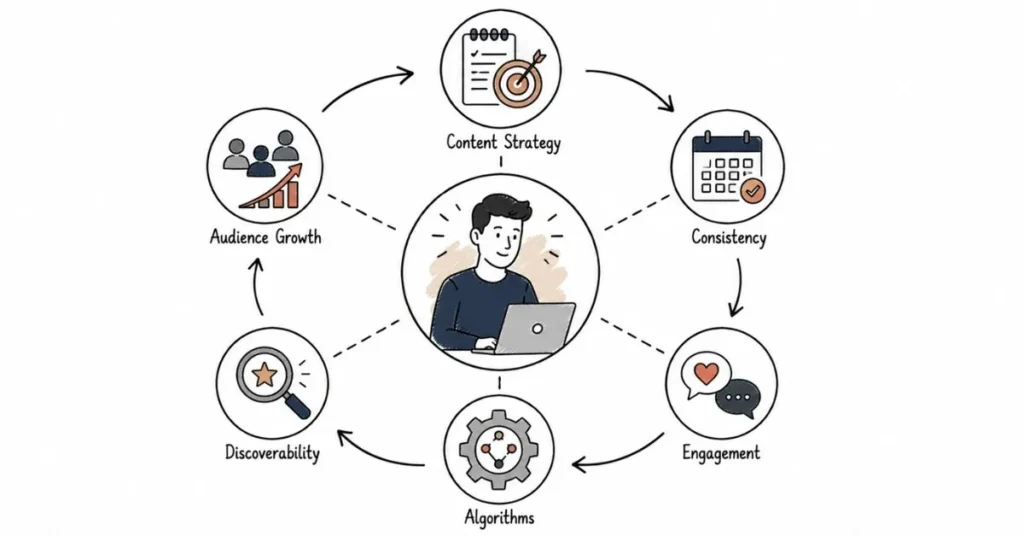 Social media growth ecosystem connecting content strategy and audience growth.