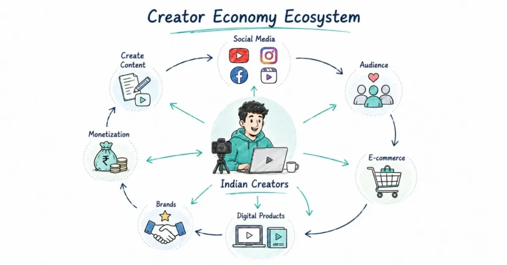Indian creator economy ecosystem showing audience, brands and monetization opportunities.
