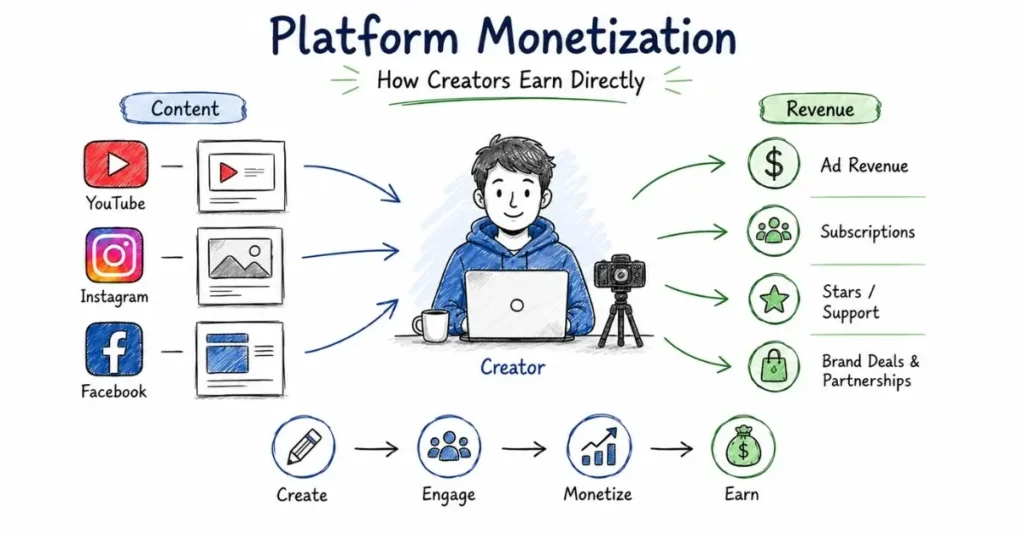 Social media platform monetization through YouTube Instagram and Facebook.