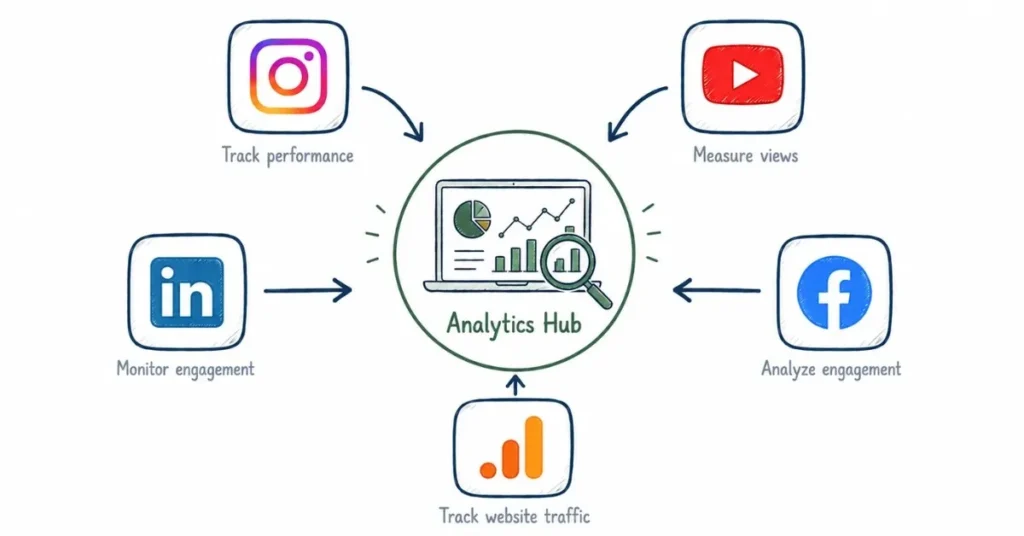 Social media analytics ecosystem connecting multiple platforms and data sources.