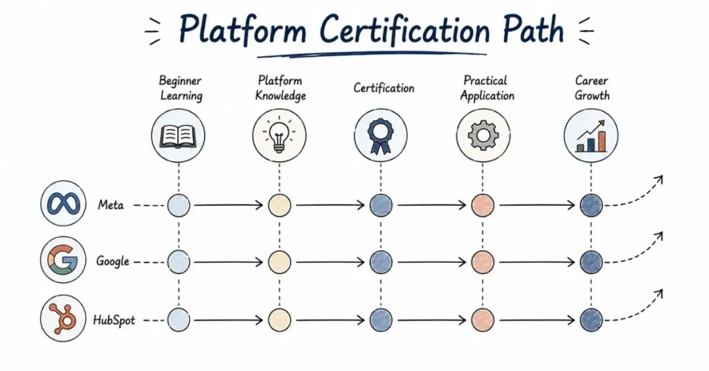 Learning pathway from platform certifications to career advancement.