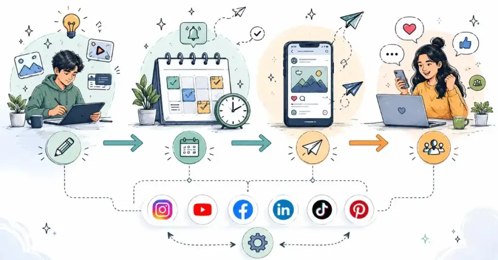 Social media scheduling and publishing workflow using management tools