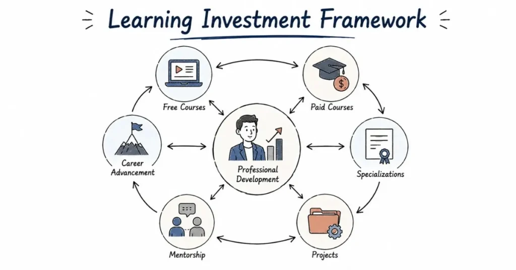Professional development ecosystem combining certifications and practical learning.