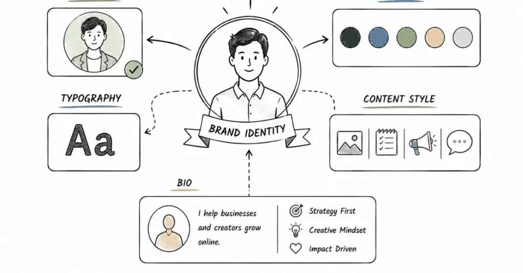 Personal brand identity elements for social media professionals.