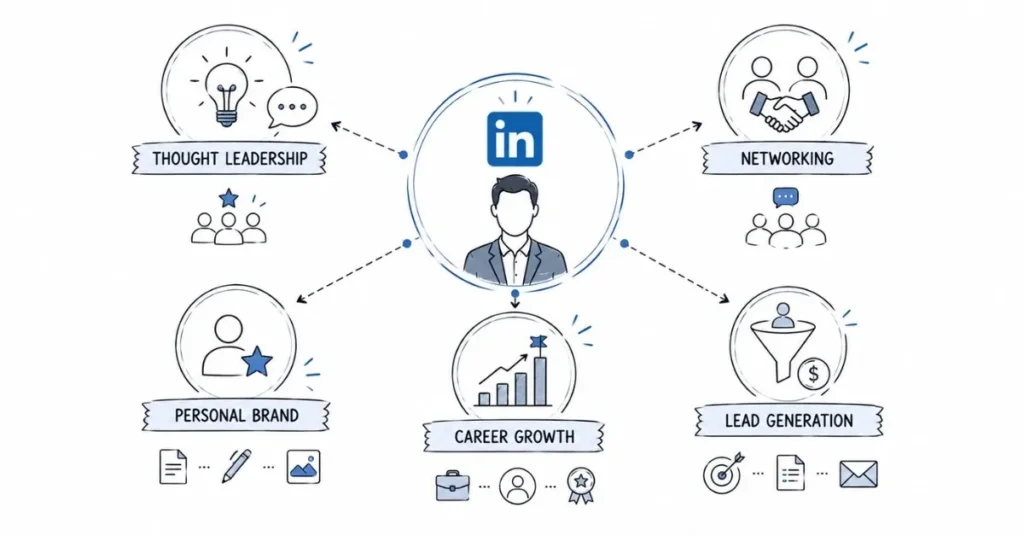 Professional branding ecosystem connecting networking, thought leadership, and lead generation.