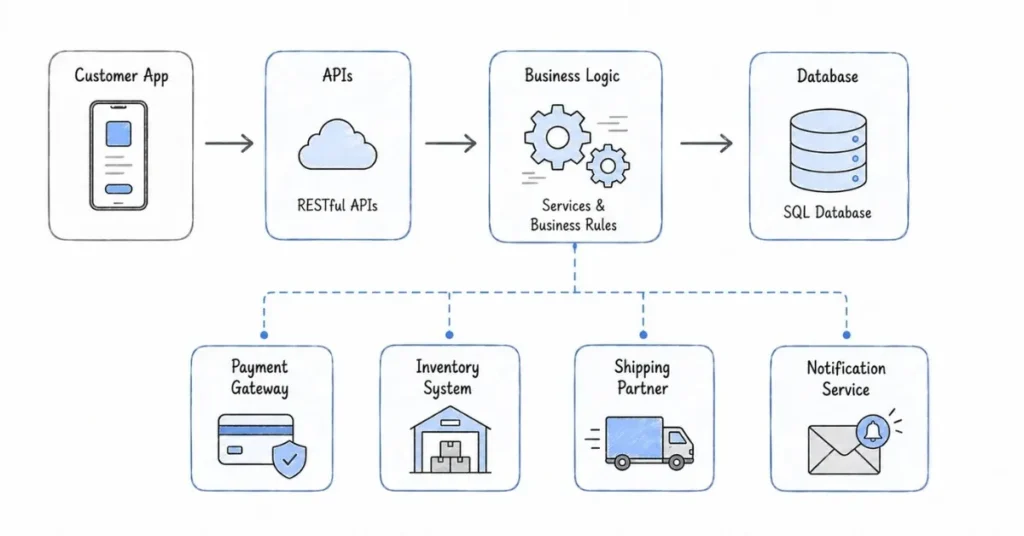 Backend e-commerce system architecture and API workflow | FLM | FrontlinesEduTech