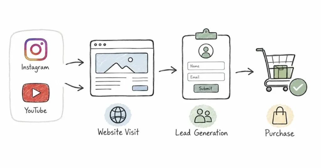 Social media traffic converting into website visits and business results.