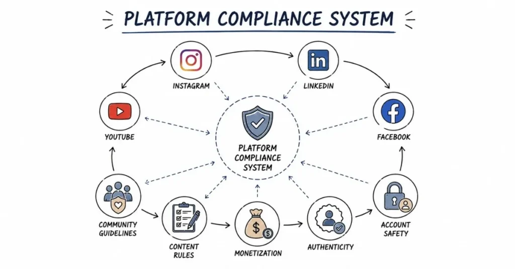 Social media platform compliance and account safety framework.
