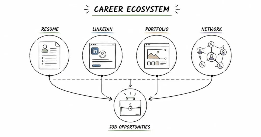 Resume, LinkedIn and portfolio working together for career growth.