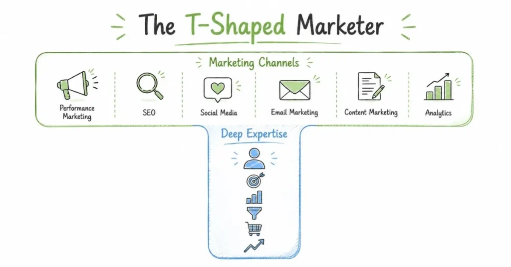 T-shaped marketer framework showing broad knowledge and deep specialization | FLM | FrontlinesEduTech