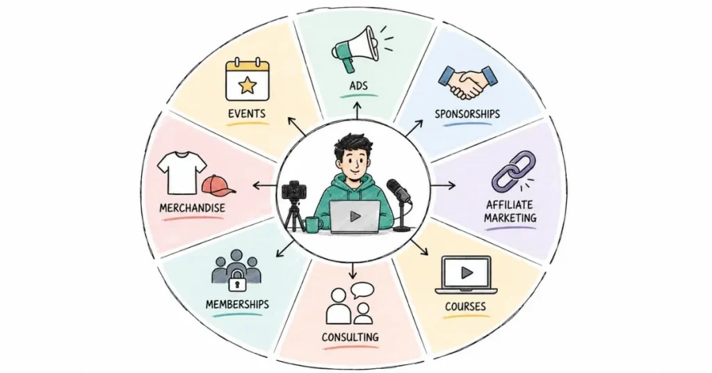 Diversified creator business model with multiple monetization streams.
