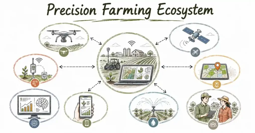 Precision Farming Careers showing drones, IoT, AI, and satellite technology in agriculture. | FLM | FrontlinesEduTech |