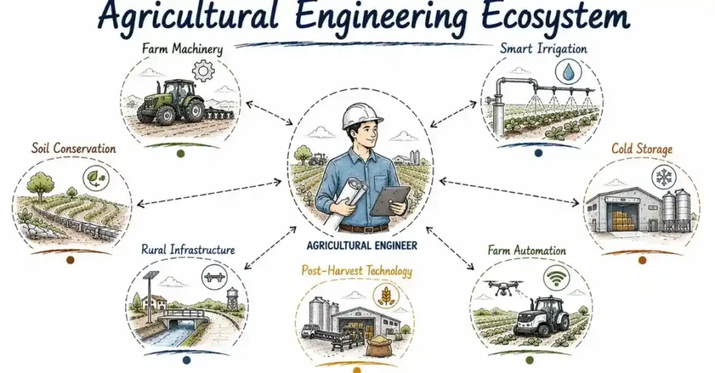 Agricultural Engineering Career guide showing farm machinery, irrigation, and rural infrastructure. | FLM | FrontlinesEduTech |