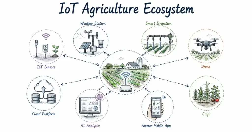 IoT in Agriculture Careers showing sensors, AI, cloud platforms, and connected farming. | FLM | FrontlinesEduTech |