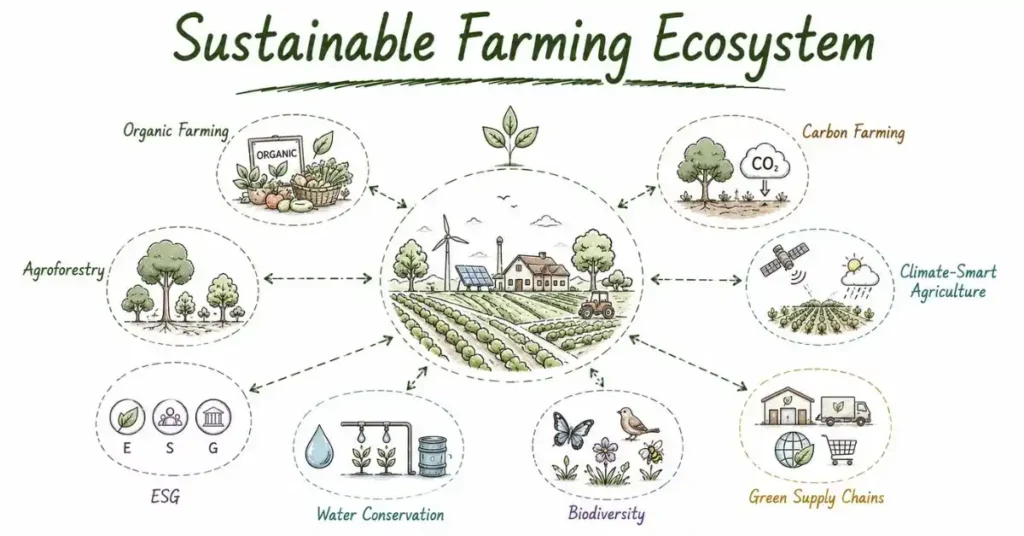 Sustainable Farming Careers showing organic agriculture, carbon farming, ESG, and climate-smart farming. | FLM | FrontlinesEduTech |
