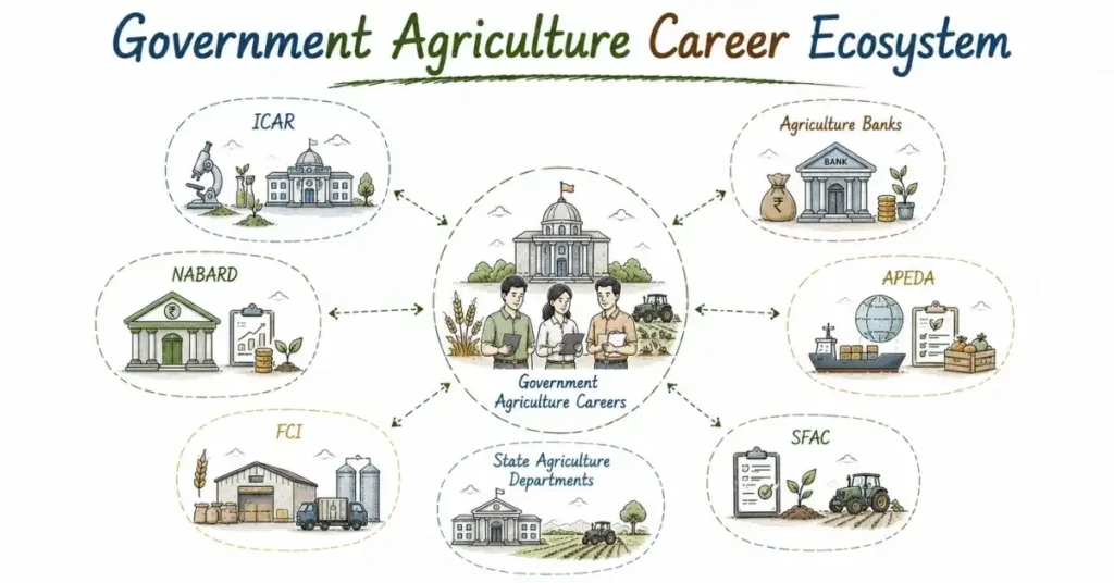 Agriculture Government Jobs ecosystem featuring ICAR, NABARD, FCI, and other public sector opportunities. | FLM | FrontlinesEduTech |