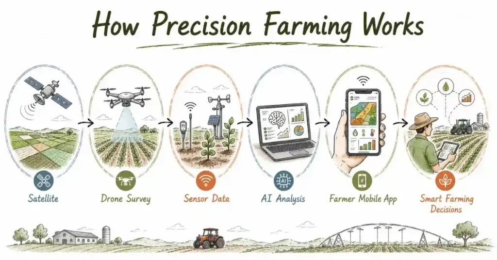Workflow of precision farming using satellites, drones, and AI. | FLM | FrontlinesEduTech |