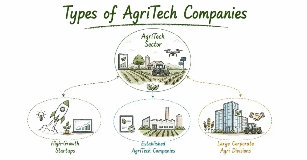 Categories of AgriTech employers including startups, established companies, and corporates. | FLM | FrontlinesEduTech |