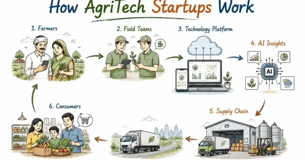 AgriTech startup workflow connecting farmers, technology platforms, and supply chains. | FLM | FrontlinesEduTech |