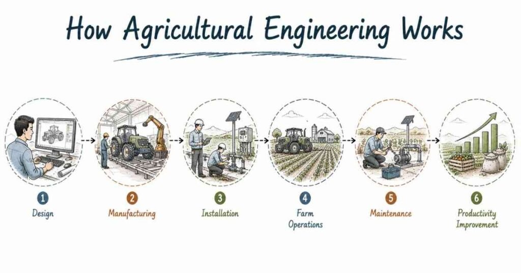 Workflow of agricultural engineering from design to farm productivity. | FLM | FrontlinesEduTech |