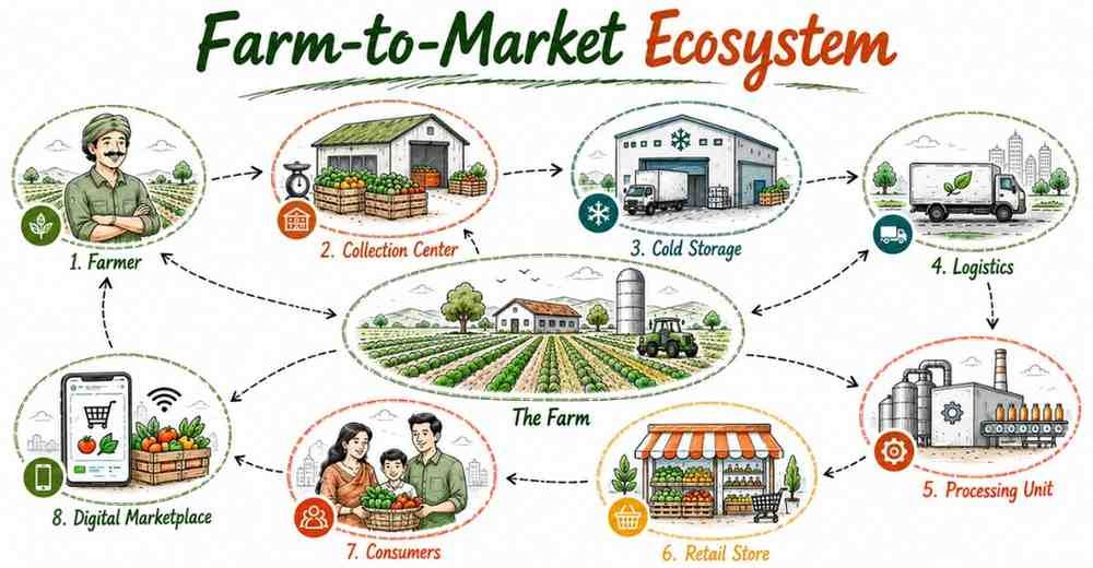 Agribusiness Careers showing the complete farm-to-market supply chain in India. | FLM | FrontlinesEduTech |