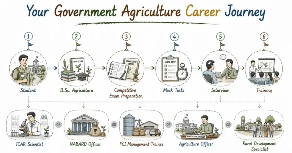Agriculture Government Jobs roadmap for ICAR, NABARD, FCI, and Agriculture Officer roles. | FLM | FrontlinesEduTech |